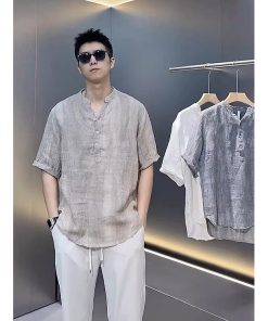 Áo sơ mi đũi trơn ngắn tay nam phối cúc đơn giản tinh tế, thanh lịch