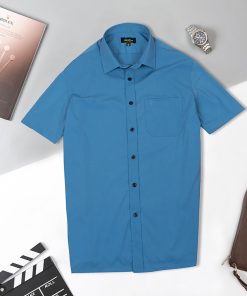 Áo Sơ Mi Nam Công Sở Trung Niên Thương Hiệu Anton Somianton Vải Cotton Màu Xanh Trơn Ngắn Tay Có Túi - SN13