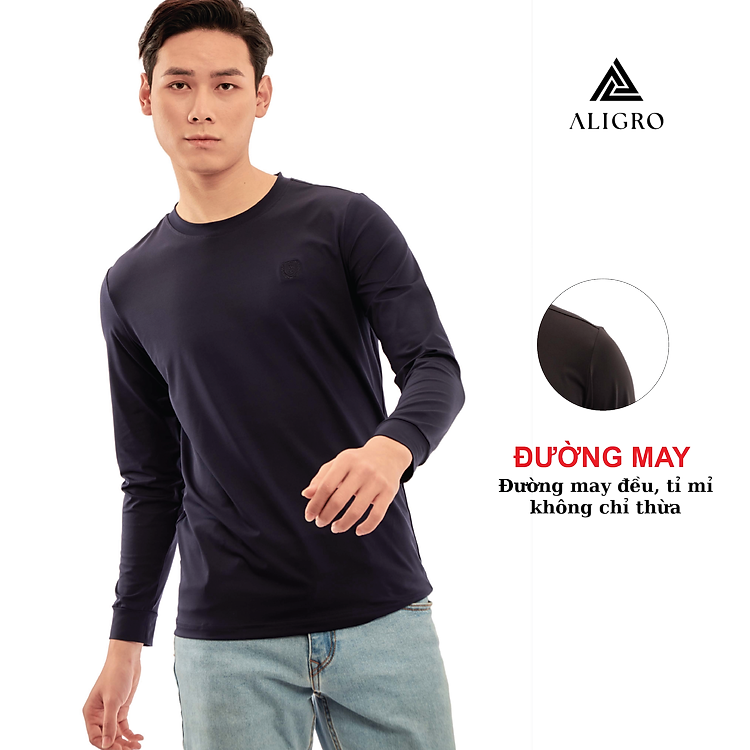 Áo thun nam dài tay Aligro màu navy co giãn 4 chiều chất thun cao cấp ALGAPD059