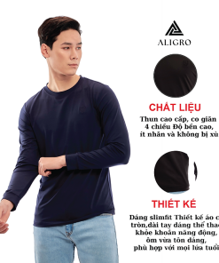 Áo thun nam dài tay Aligro màu navy co giãn 4 chiều chất thun cao cấp ALGAPD059