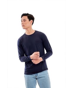 Áo thun nam dài tay Aligro màu navy co giãn 4 chiều chất thun cao cấp ALGAPD059