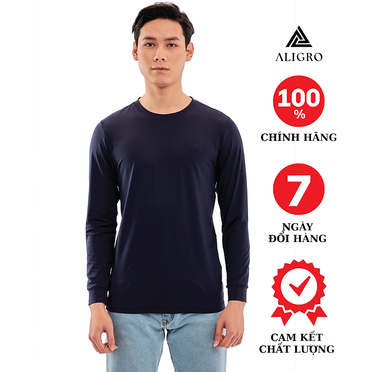Áo thun nam dài tay Aligro màu navy co giãn 4 chiều chất thun cao cấp ALGAPD059