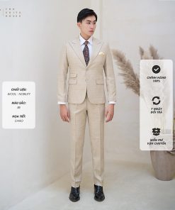 [CLASSY 2] Nguyên bộ suits 2 mảnh VÀNG BE KẺ Ô ĐẬM 2 KHUY 3 TÚI, chất vải Wool - Nobility cao cấp