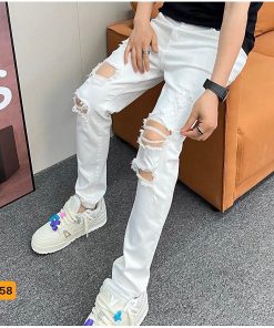 Quần jean nam, quần bò nam chất jean dày dặn phối họa tiết rách gối thương hiệu Chandi JD58